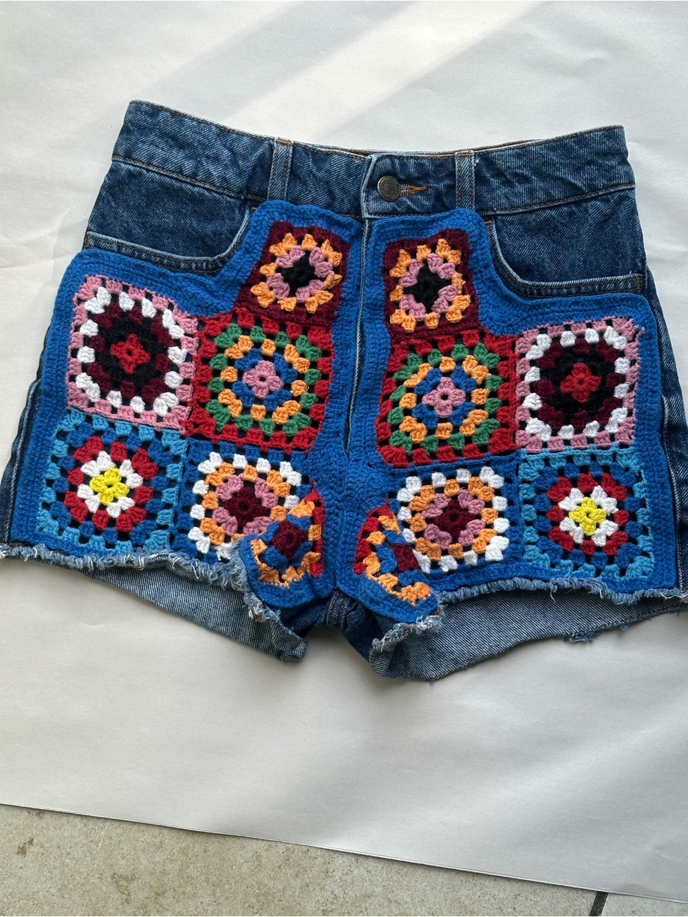 FARM Rio Blue Denim Shorts with Multicolor Crochet Panels